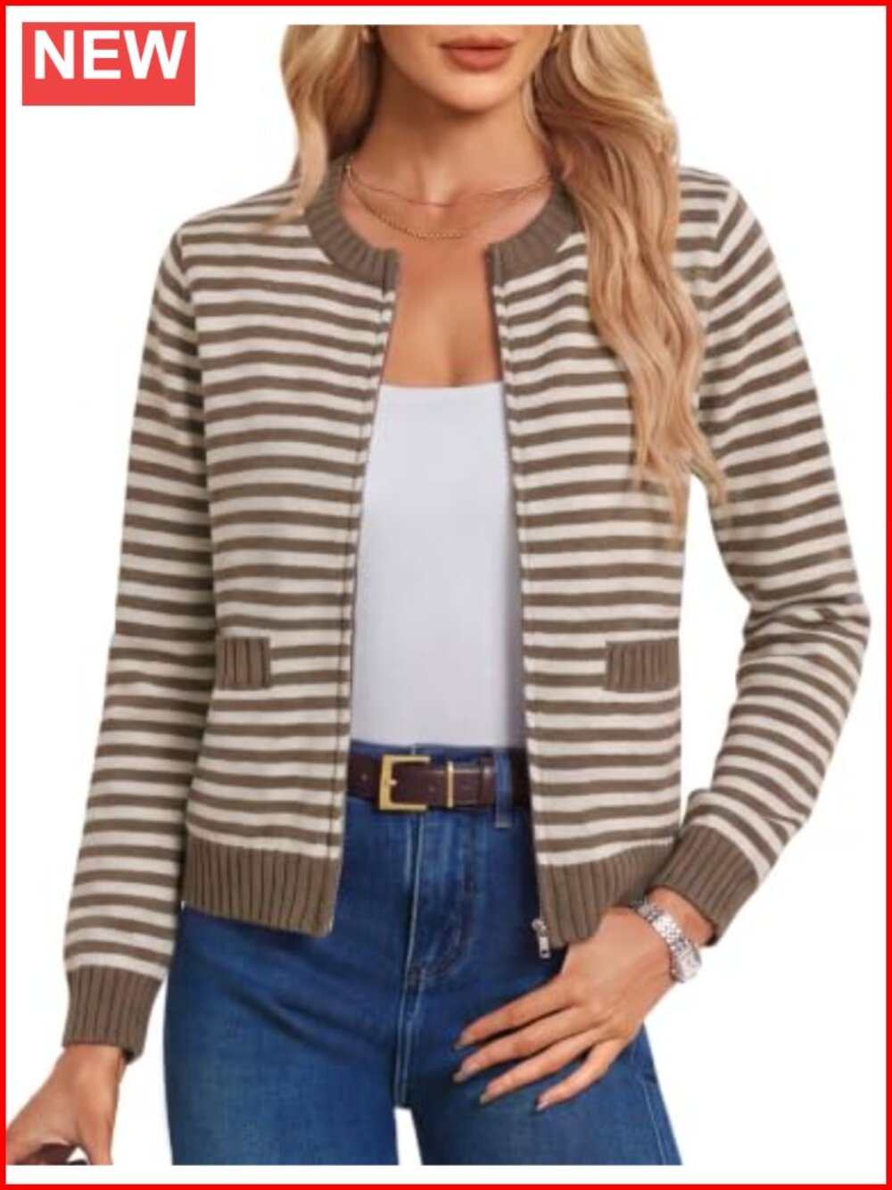 Ribbed Knit Cropped Zip Up Cardigan Sweater Crew Neck Pockets